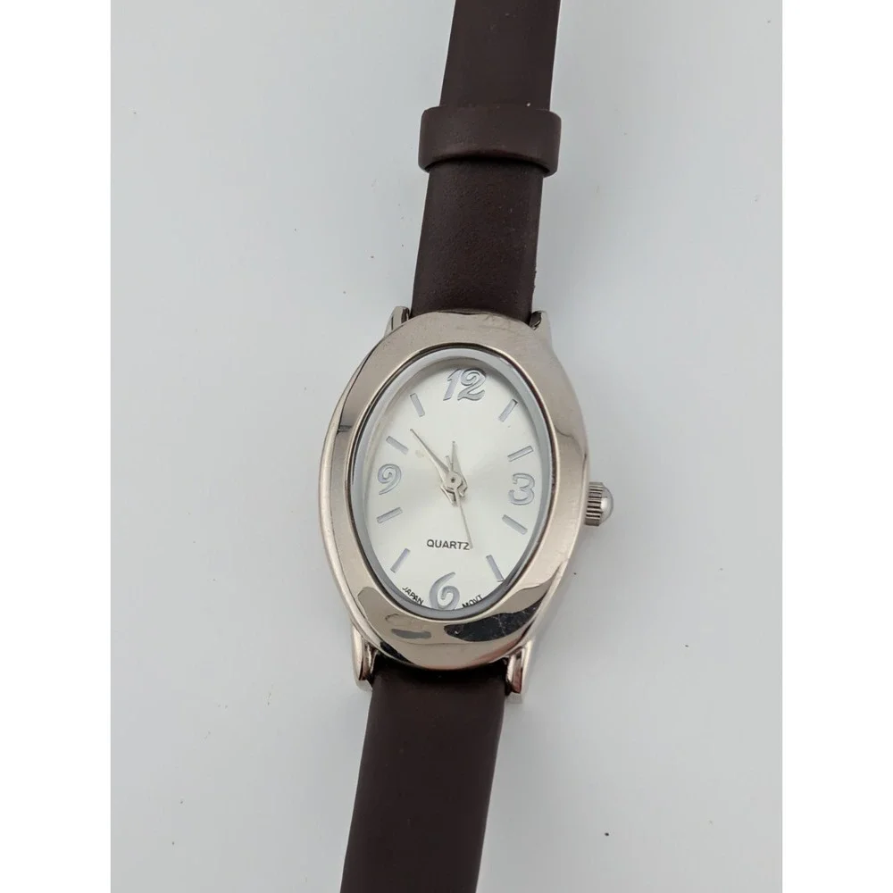 Avon Watch Women 21mm Silver Case Brown Leather Band- New‎ Battery